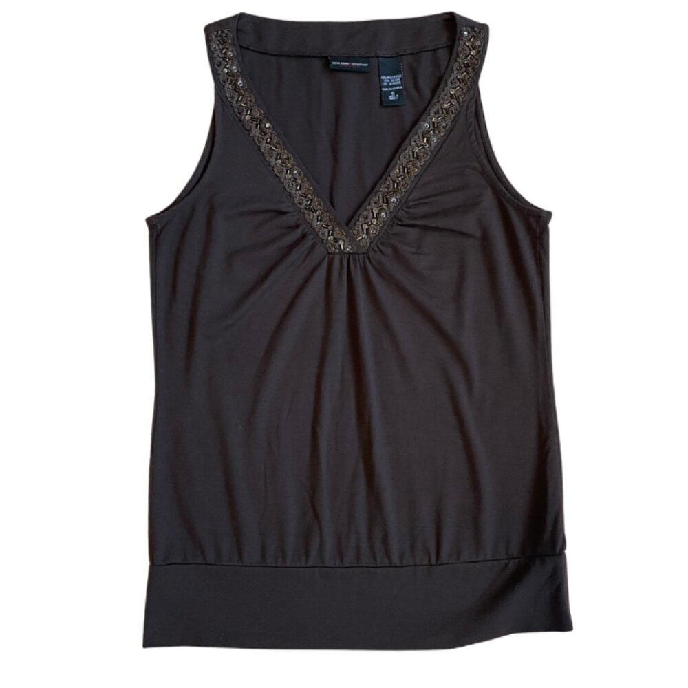 vintage early 2000s chocolate brown vneck beaded lace tank top size small